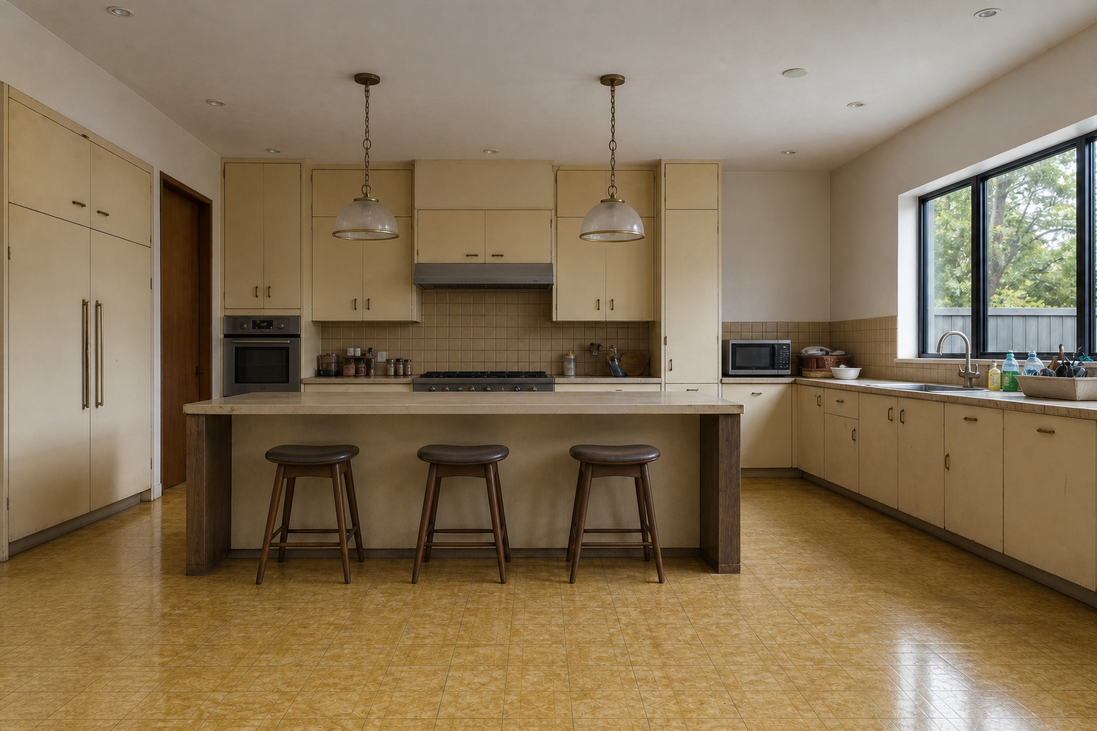 Kitchen before renovation with dated yellow floor and cabinetry