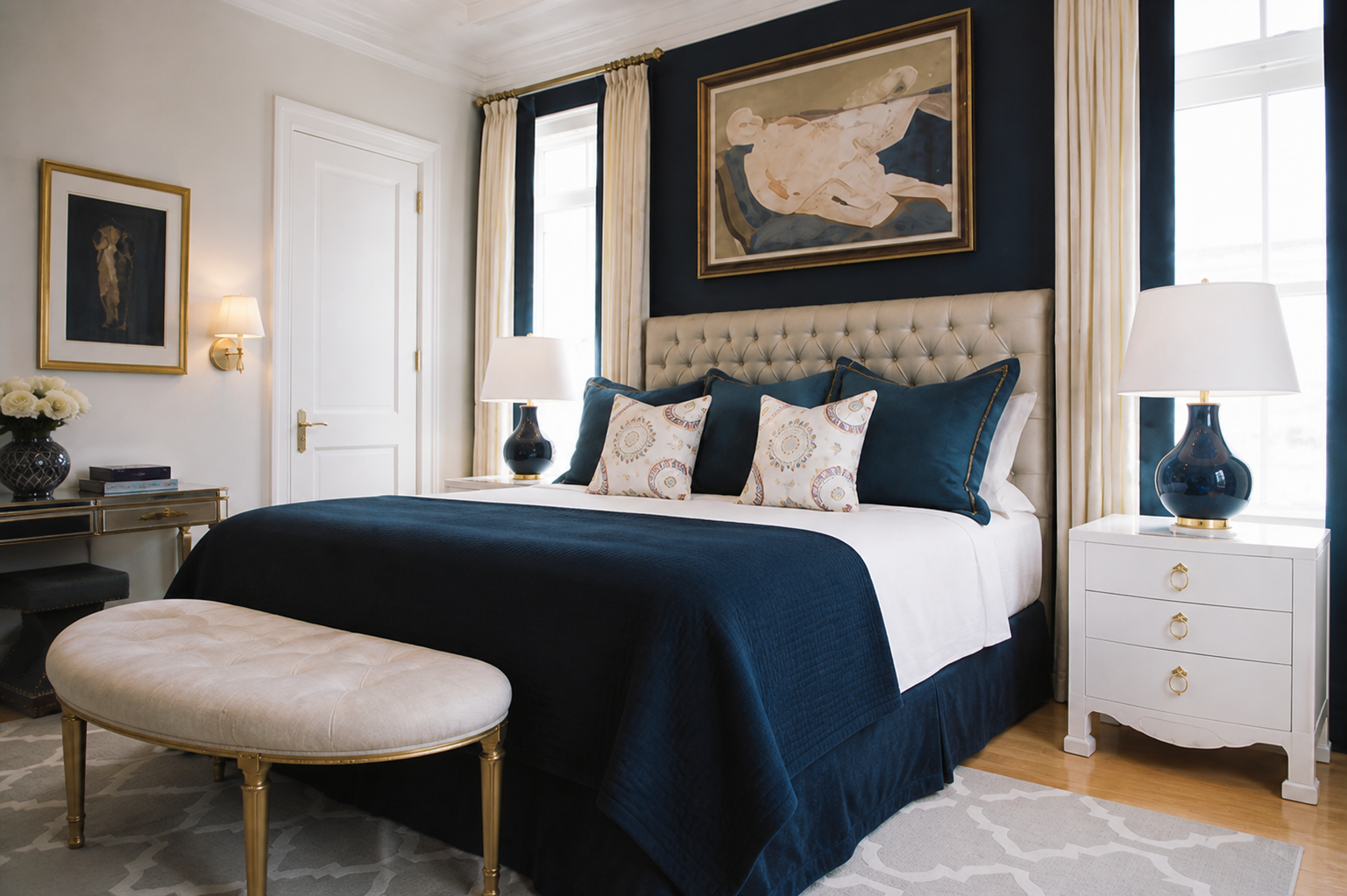 Midnight Suite upholstered bed and bedside cabinetry