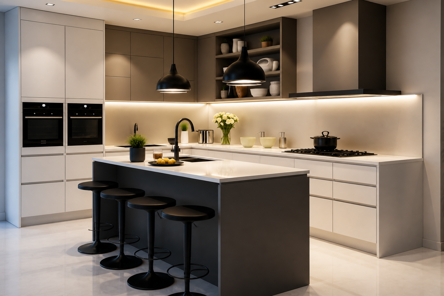 Ochre Kitchen island and integrated oven wall